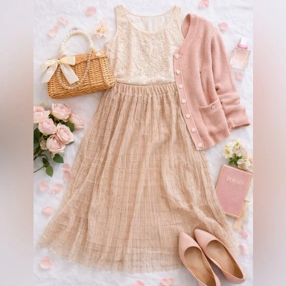 Metrowear Beige Sheer Overlay Skirt 3X Elastic Waist Lined Midi Skirt - Picture 2 of 12